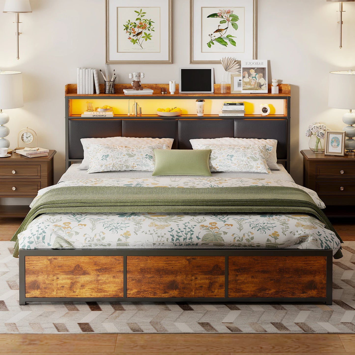 Comanlai Upholstered Bed160 x 200 cm,Double Bed with 4 Drawers and LED Lights,Metal Bed Frame,PU Leather,Tiger Skin Colour