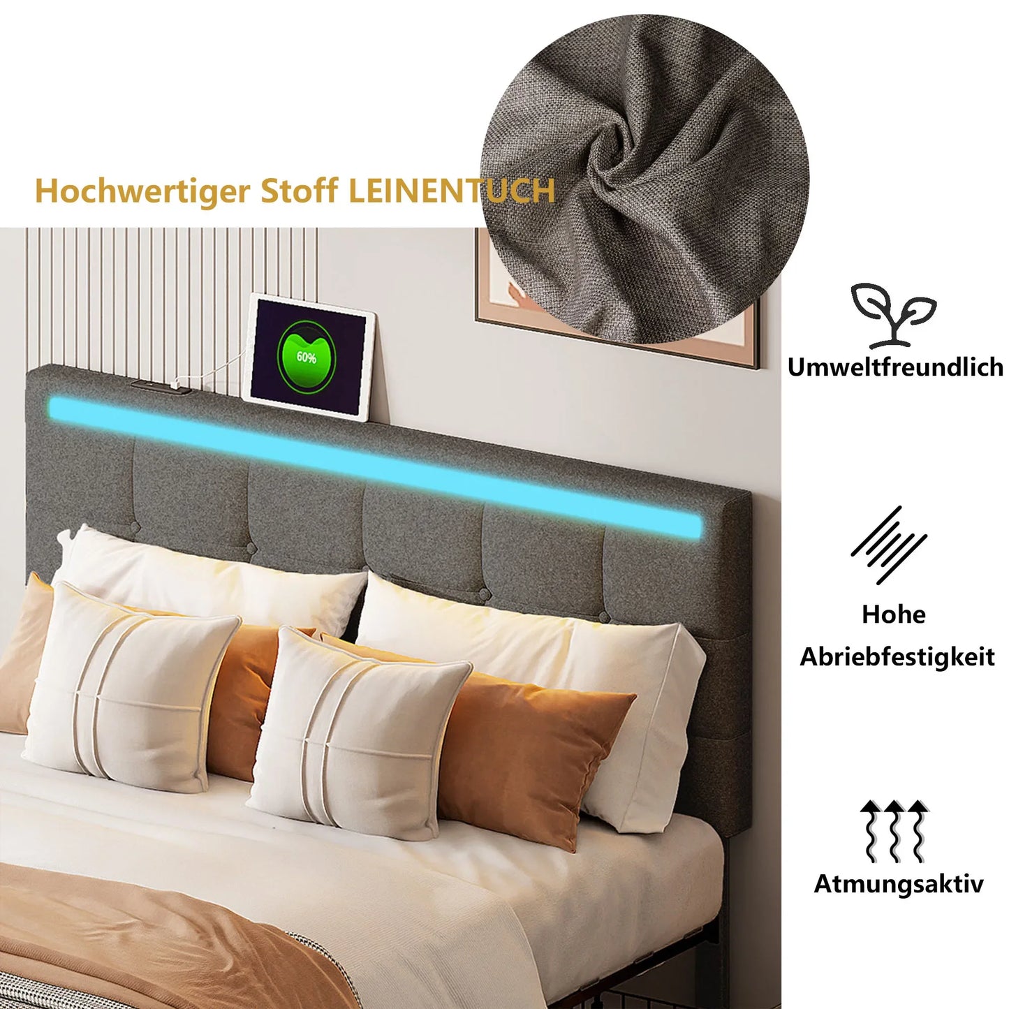 Lazyspace Hemp Upholstered Bed 140x200cm, Single Double Bed Frame with RGB Lights Headboard, USB Port and 4 Storage Drawers