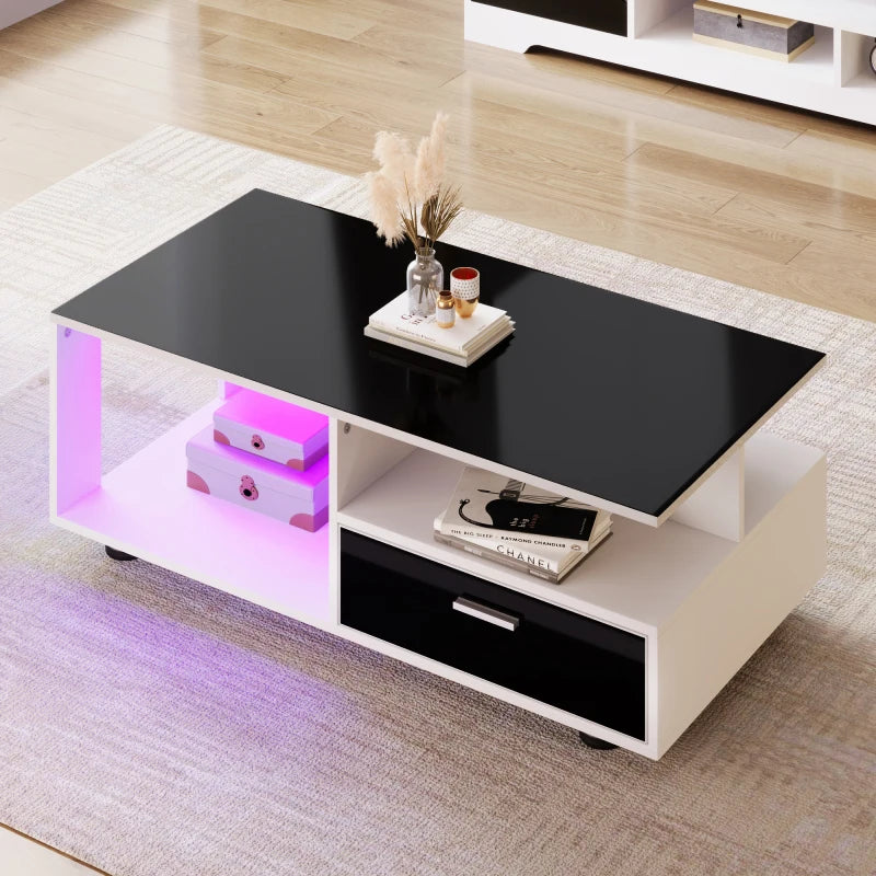 Modern LED coffee table with black glossy top with two drawers, color combination black and white