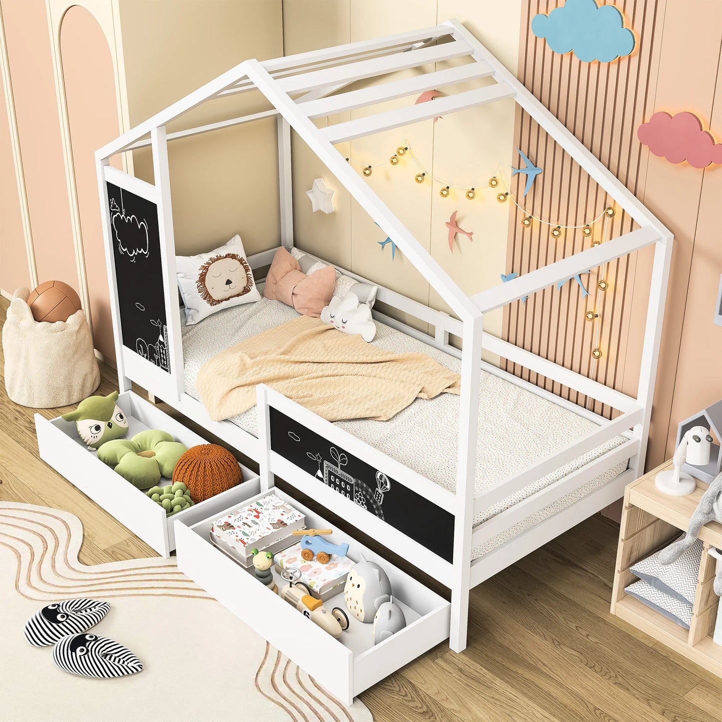 Lazyspace Bunk Bed for Two Children,90 x200cm Children's Bed with Fall-out Protection,Drawers and Blackboard,Without Mattress