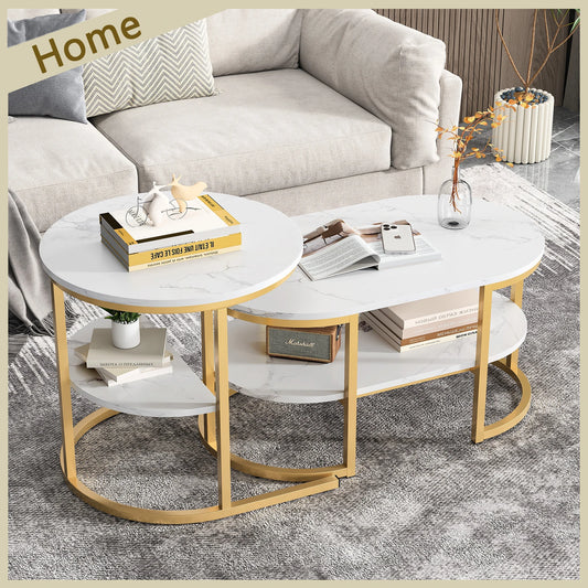 Lazyspace Coffee Table Round White Marble with Gold/Black - Round Living Room Table Set of 2 for Living Room - Diameter 80x52cm