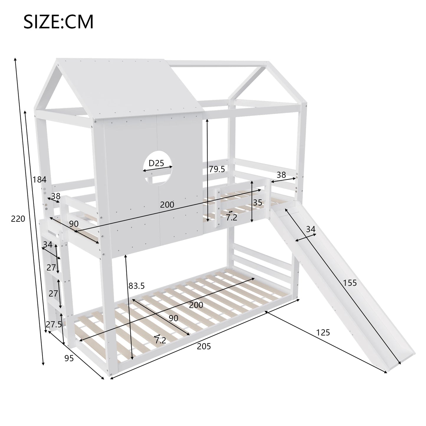 Lazyspace Children's Bunk Bed, with Slide, White Bunk Bed with Roof, with Full Protection and Slatted Frames, 90 x 200cm