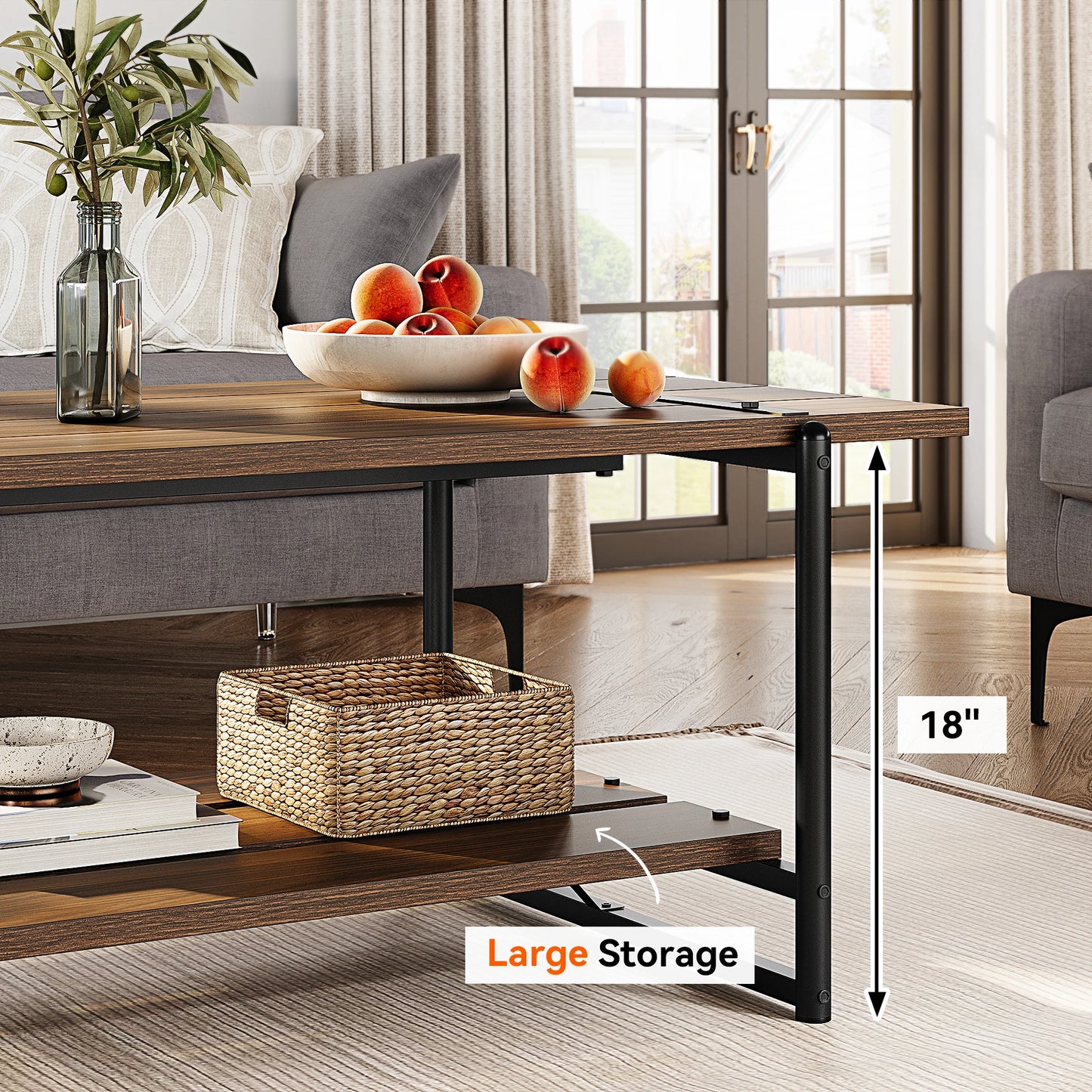 2-Tier Wood Coffee Table, Farmhouse Coffee Table with Storage Shelf- Rustic Metal Rectangle Center Living Room Coffee Table