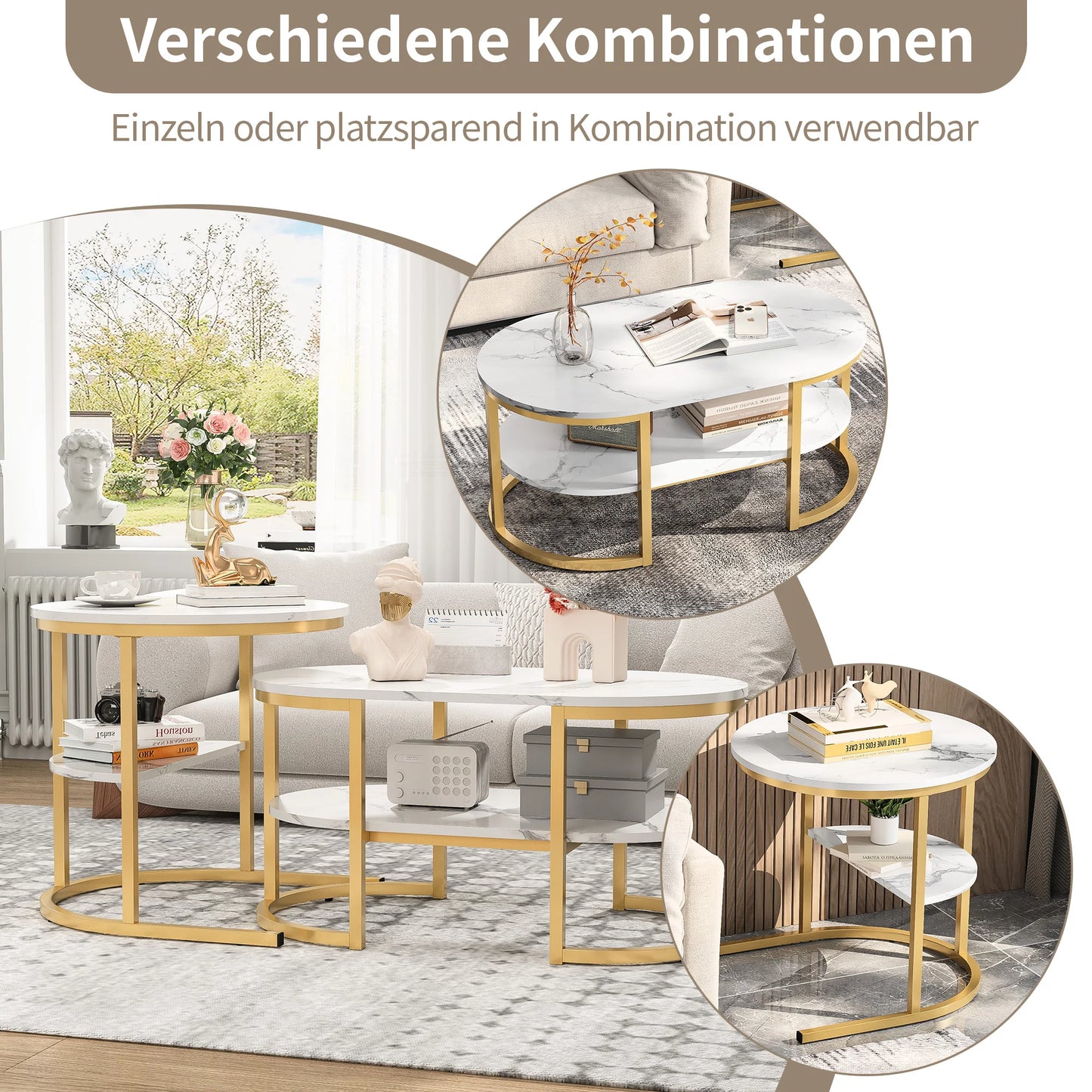 Lazyspace Coffee Table Round White Marble with Gold/Black - Round Living Room Table Set of 2 for Living Room - Diameter 80x52cm