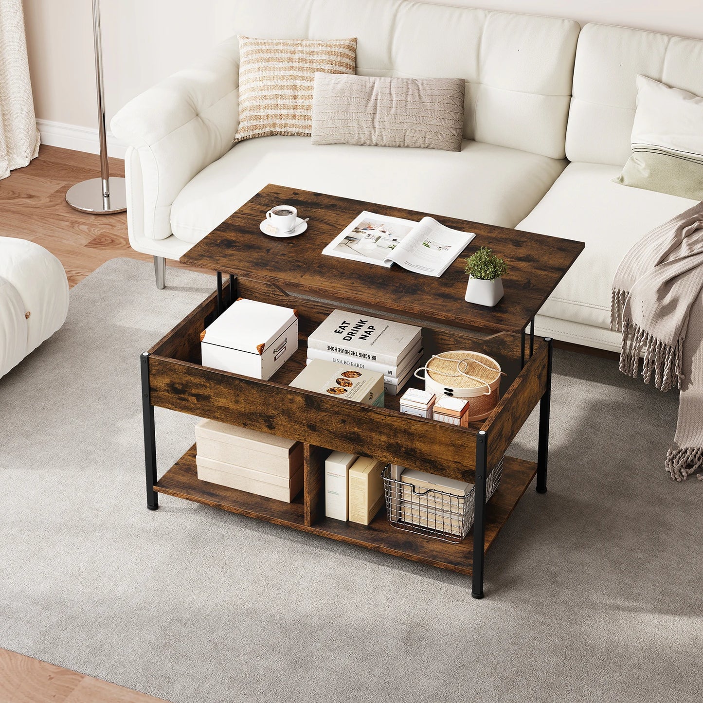 WOLTU Coffee Table Height Adjustable Table 50x90x45cm Wood Sofa Table with Lifting Plate Lift Top Side Table for Living Room