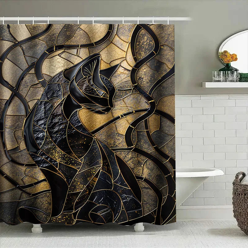 Luxurious Gold Black Cat Print Shower Curtain 3D Waterproof Decor for Bathroom Modern Home Accessories Easy Installation Kit Inc