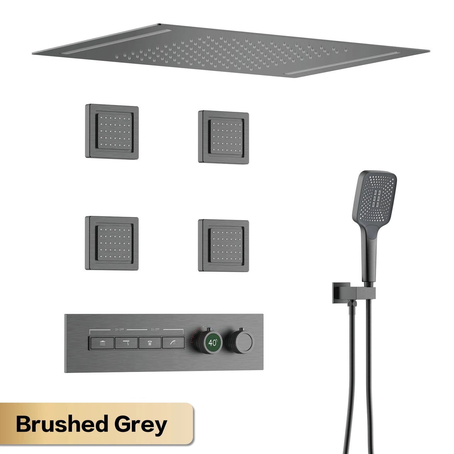 Luxury Gun Grey Brass Thermostatic Shower System Ceiling-Embedded Rainfall&Waterfall Outlet with LED Display Bathroom Mixer Tap