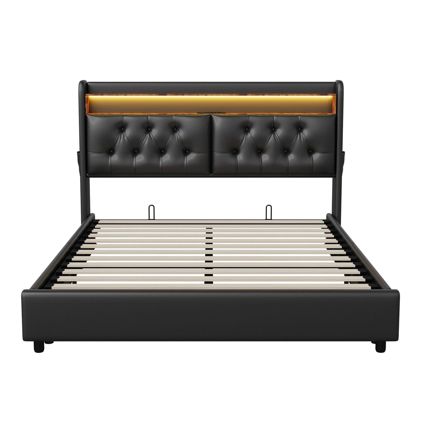 Lazyspace Black PU Upholstered Bed, Hydraulic Storage Bed, European Modern Double Bed Frame with LED Lighting & USB Port