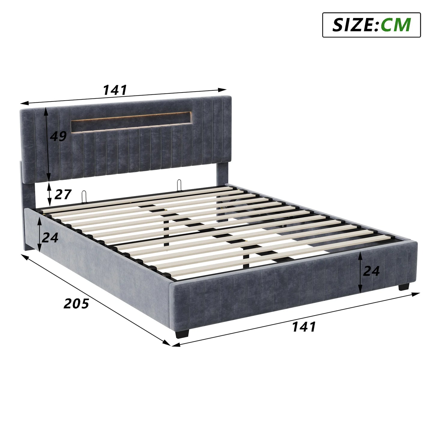 Anajqaqia Upholstered Double Bed with Storage Space, with Led Light, 140x200cm 160x200cm Gray