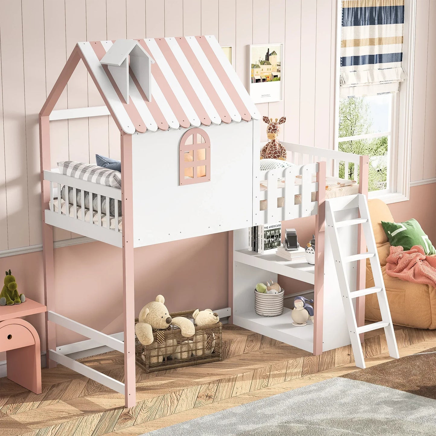 Lazyspace Loft Bed for Children, Children's Bed Frame with with Window and Railing, Wood Bunk Bed Frame with Storage Shelf