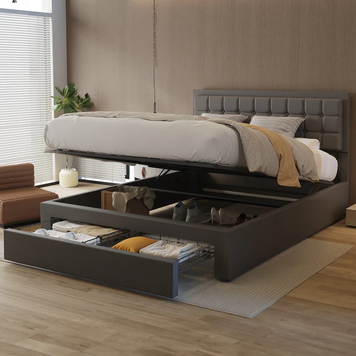 Lift Storage Bed , Double Bed Frame, Upholstered Bed Frame with Gas Lift Large Storage, for Bedroom Furniture, Without Mattres