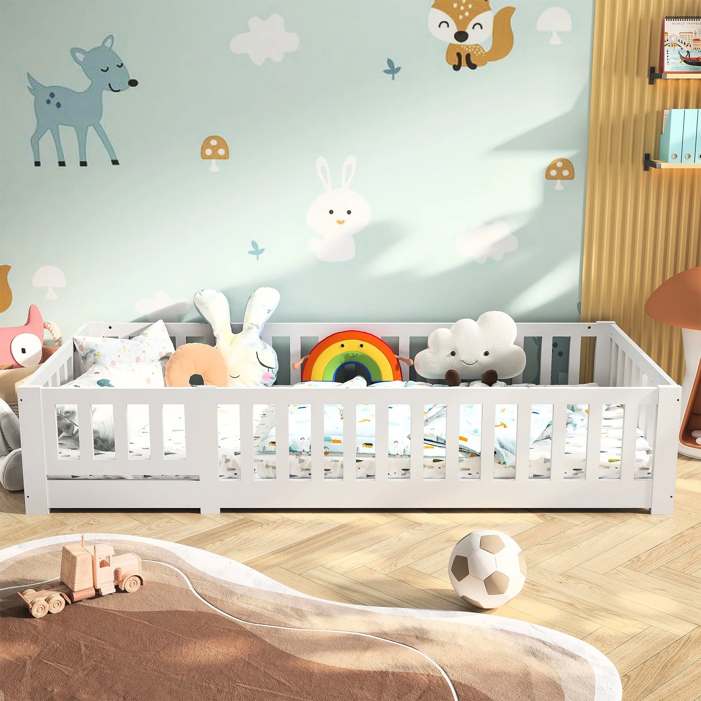 Lazyspace Children’s Bed with Fall Protection, Includes Slatted Frame, Floor Bed for Boys and Girls, Solid Pine Wood, White