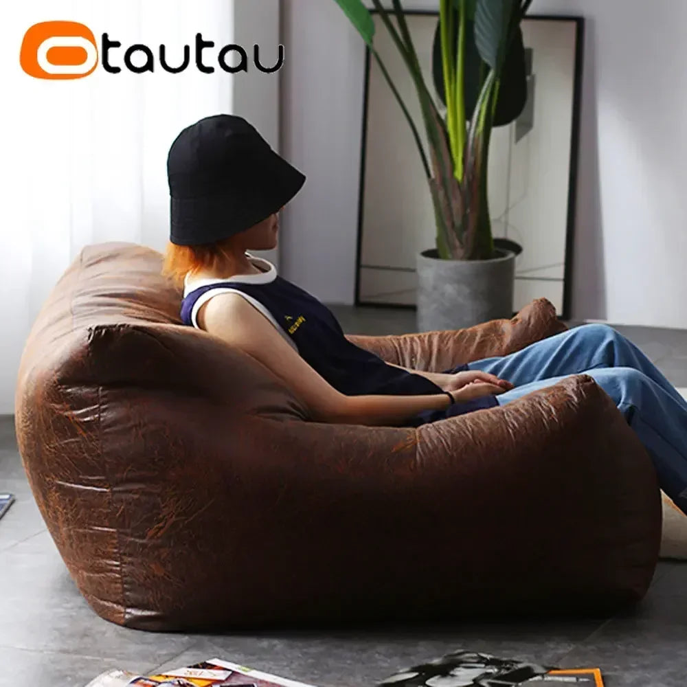 OTAUTAU Filled Adults Faux Retro Suede Leather Pouf Bean Bag with Filler Comfy King Size Armchair Lazy Single Sofa SF042