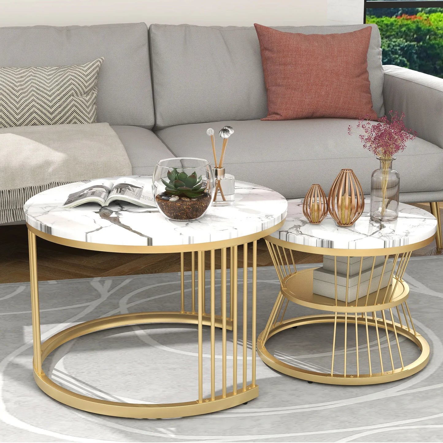 Lazyspace Nesting Coffee Table, Coffee Table Set, Marble Veneer, With Gold Frame, Round End Table, For Living Room, Sofa Side