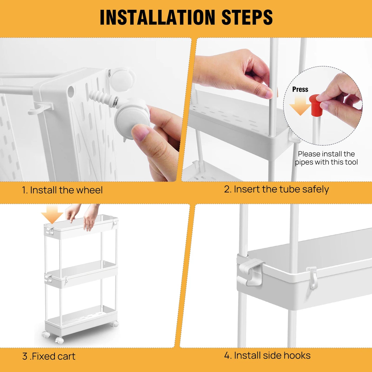 DayPlus 4-Tier Storage Rack Trolley Cart Slide-out Rolling Utility Cart Mobile Shelving Organizer for Kitchen, Bathroom,Bedroom