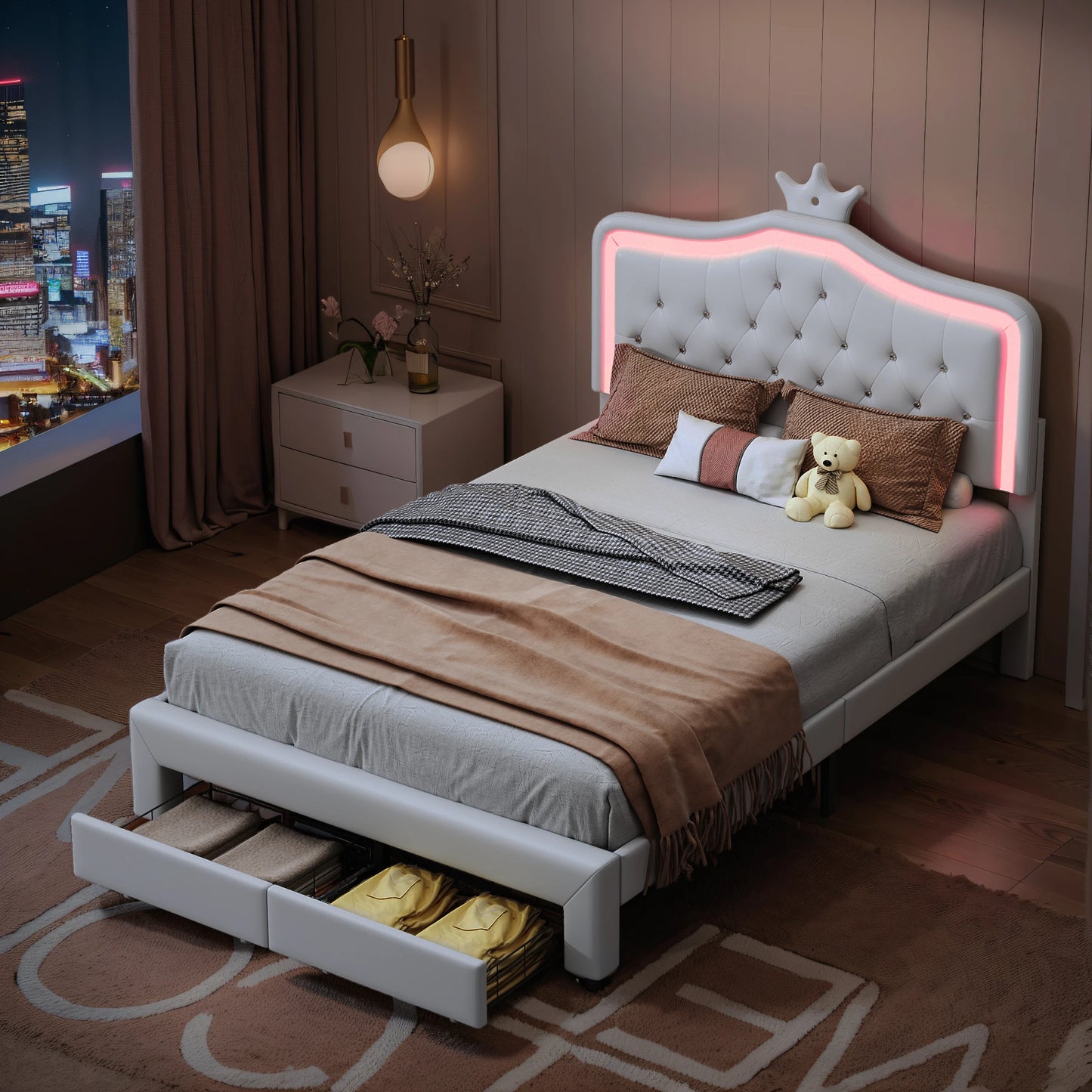 Children's bed, double bed 140x200 cm, crown-shaped princess bed, PU leather, adjustable LED ambient light strip - white