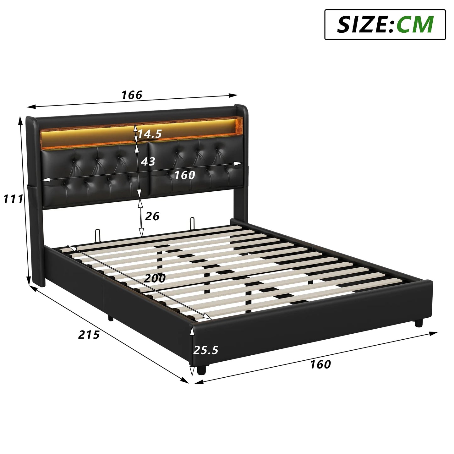 Creahappy Soft-Padded Bed - Double Bed Frame 160x200cm - With USB Charging Function and Pneumatic Lever Storage Function