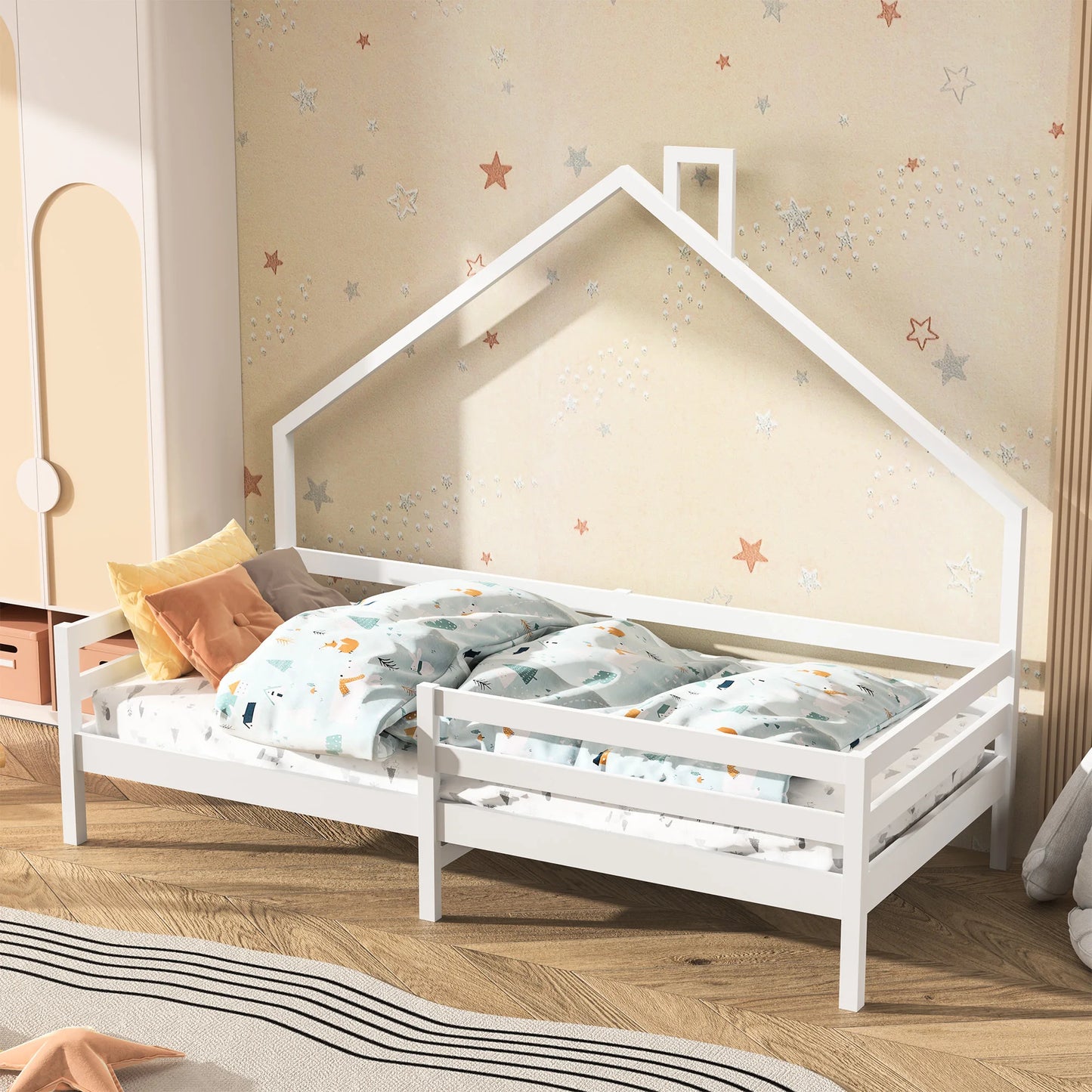 Children's Single Bed 90 x 200cm with Fall Protection Wooden House Bed with Slatted Frame for Boys and Girls