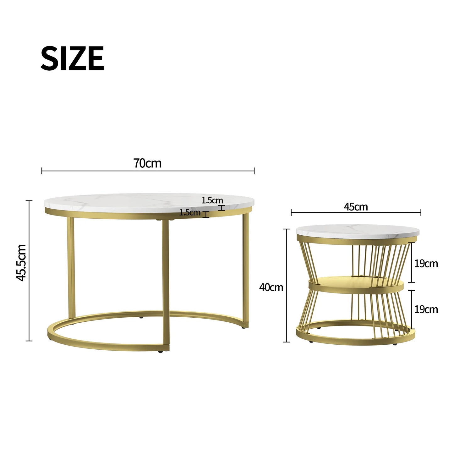 Lazyspace Nesting Coffee Table, Coffee Table Set, Marble Veneer, With Gold Frame, Round End Table, For Living Room, Sofa Side