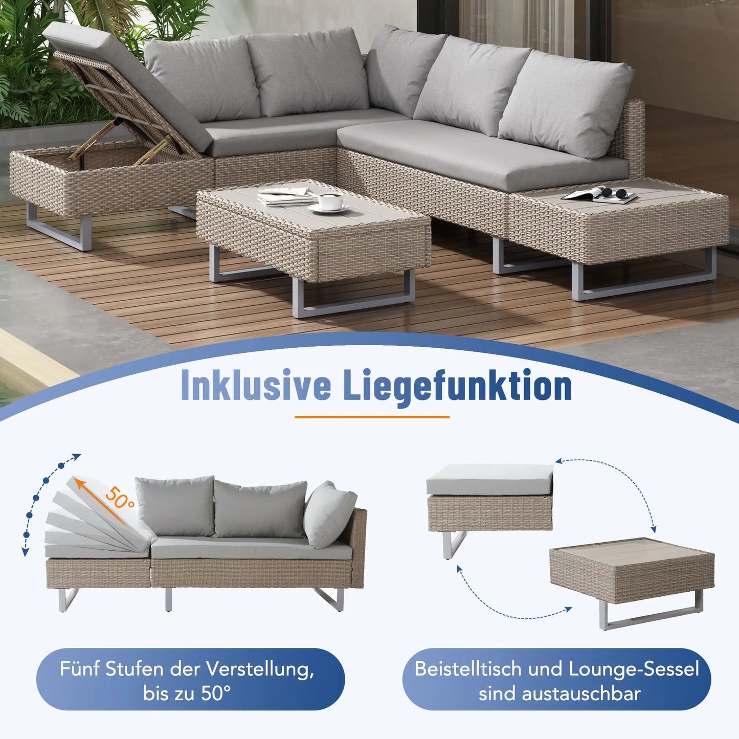 Poly Rattan Garden Lounge Set – 4-5 Seater Corner Sofa with Table & Cushions, Removable Washable Covers, Khaki