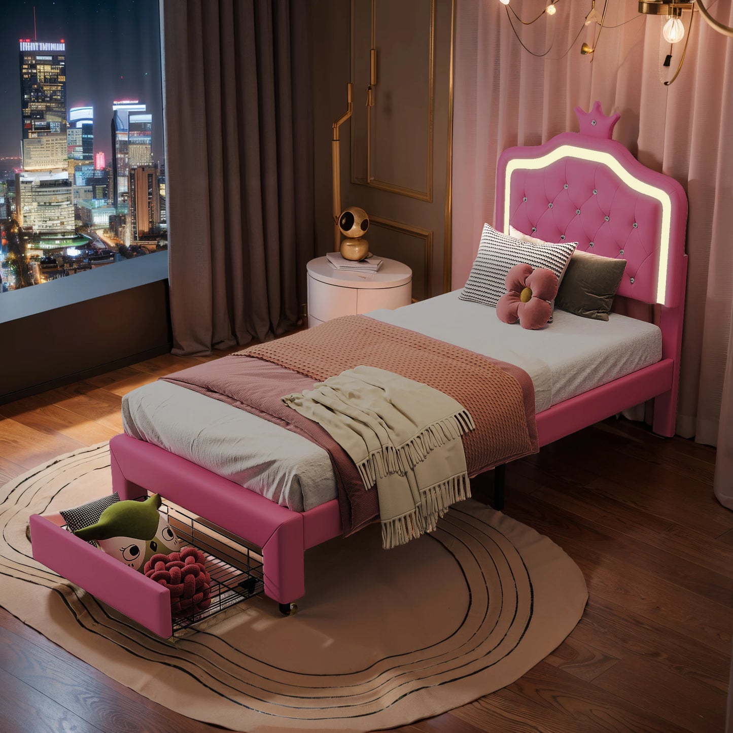 Anajqaqia 90×200 cm Children's Bed Single Bed, Crown Princess Storage Bed with Drawers and LED Headboard and Slatted Frame, PU