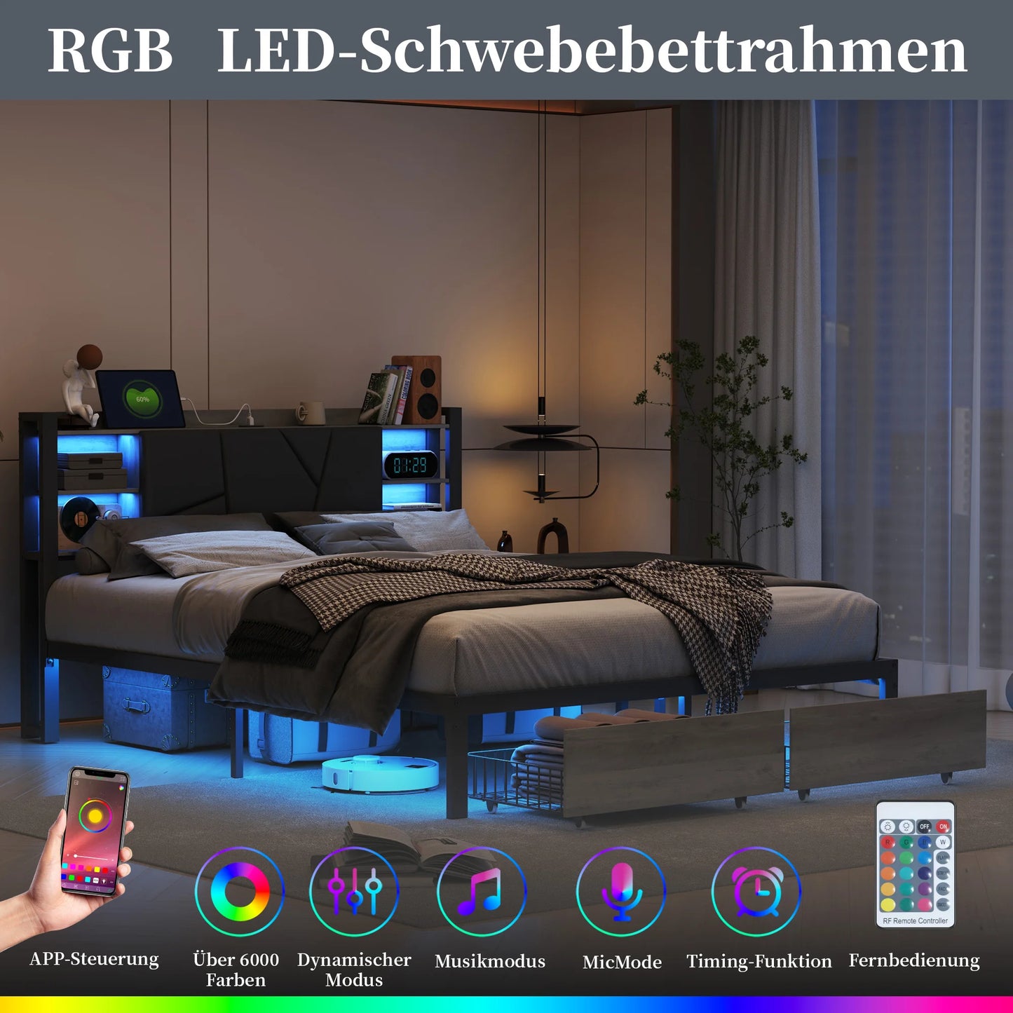 Anajqaqia 140×200cm Upholstered Double Bed, with LED Lighting and 2 Drawers, with Integrated Bedside Table and Socket, PU, Black