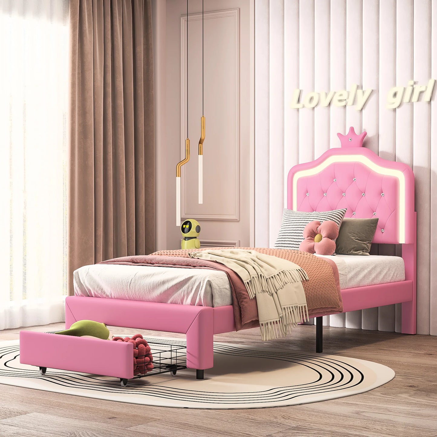Anajqaqia 90×200 cm Children's Bed Single Bed, Crown Princess Storage Bed with Drawers and LED Headboard and Slatted Frame, PU
