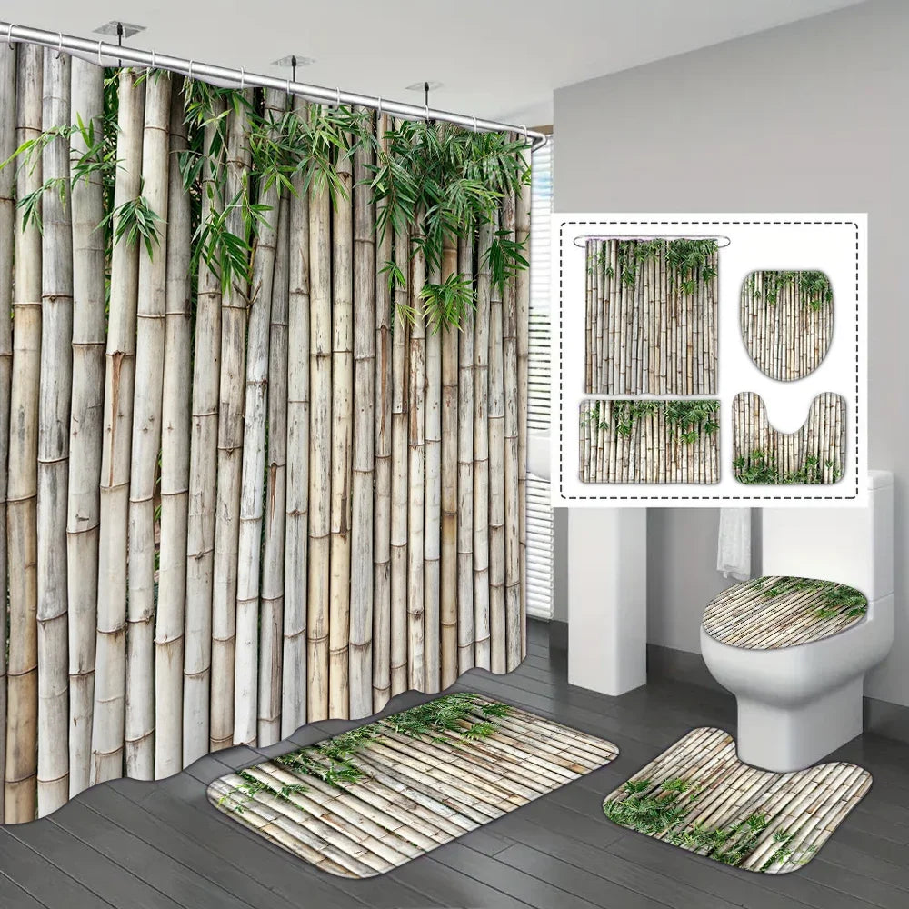 4-piece set of bamboo forest plant printed waterproof shower curtains with 12 hooks and bathroom floor mats