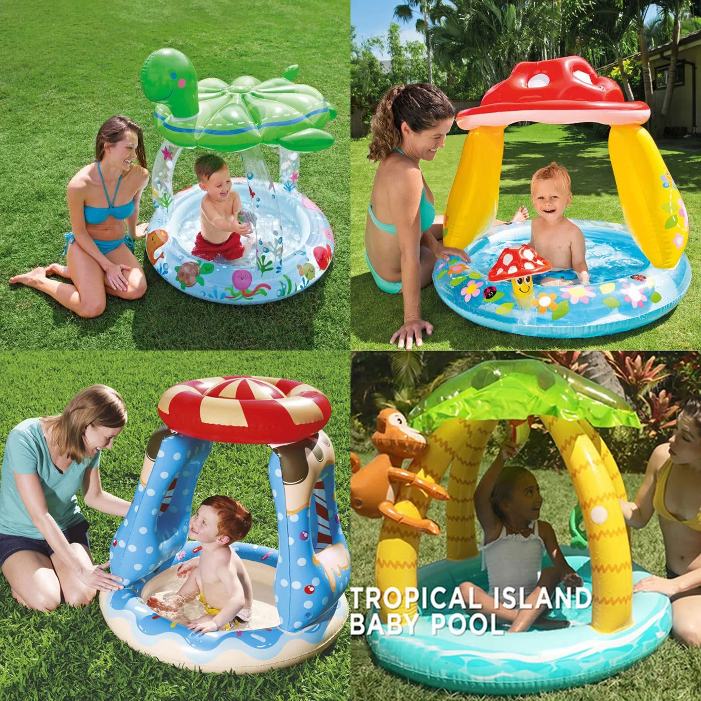 Inflatable Swimming Pool for Baby Kiddie 1-3Y with Turtle Shape Sunshade Canopy Sea Pattern Fun Outdoor Water Play Pool Toy