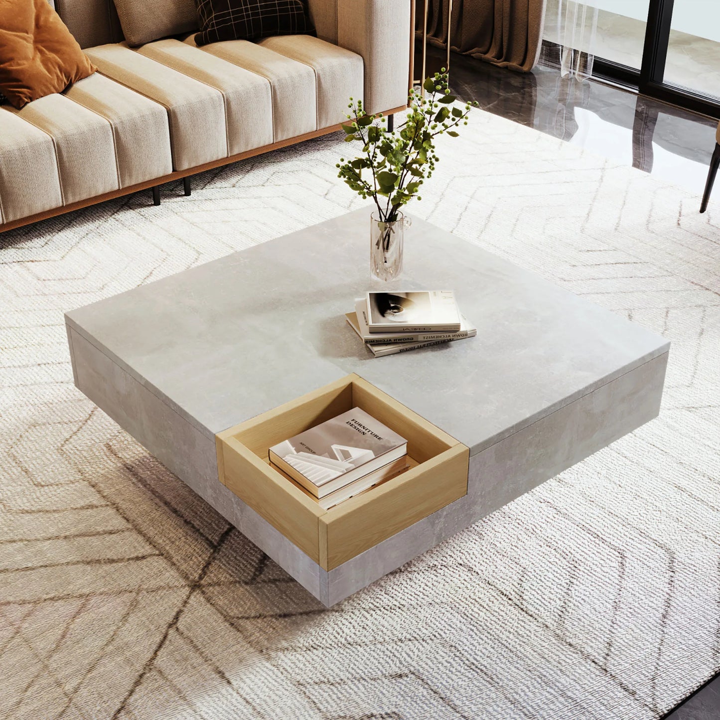 Concrete Gray Coffee Table, Wooden Tea Table for Living Room, Side Table with Removable Storage Tray, 72*72*30 cm
