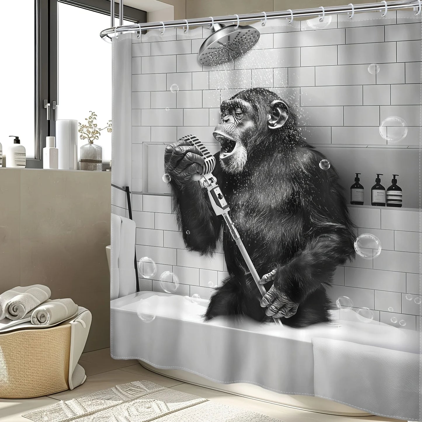 1pc/4pcs - Funny Monkey Shower Curtain Set, Black and White Animal Chimpanzee Singing in Bathtub, Mens Modern CoolBathroom Decor