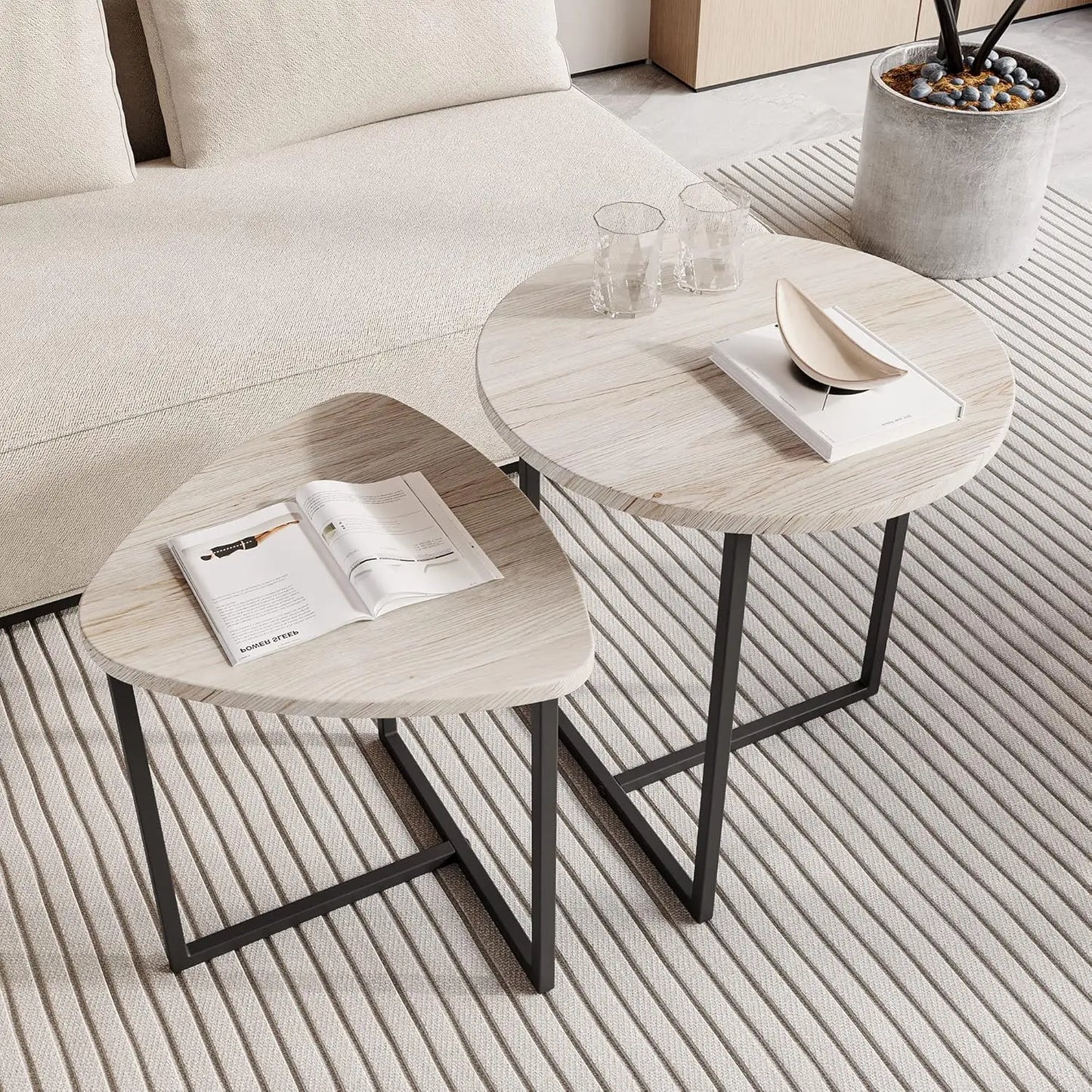 2 Piece Round Coffee Table Set, Side Table Set, Coffee Table, Metal Base and Heart Shape, Modern