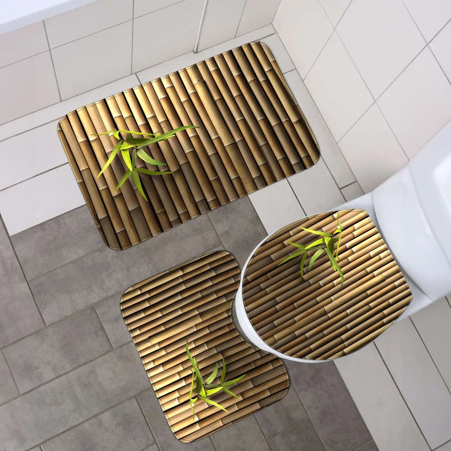 4-piece set of bamboo forest plant printed waterproof shower curtains with 12 hooks and bathroom floor mats