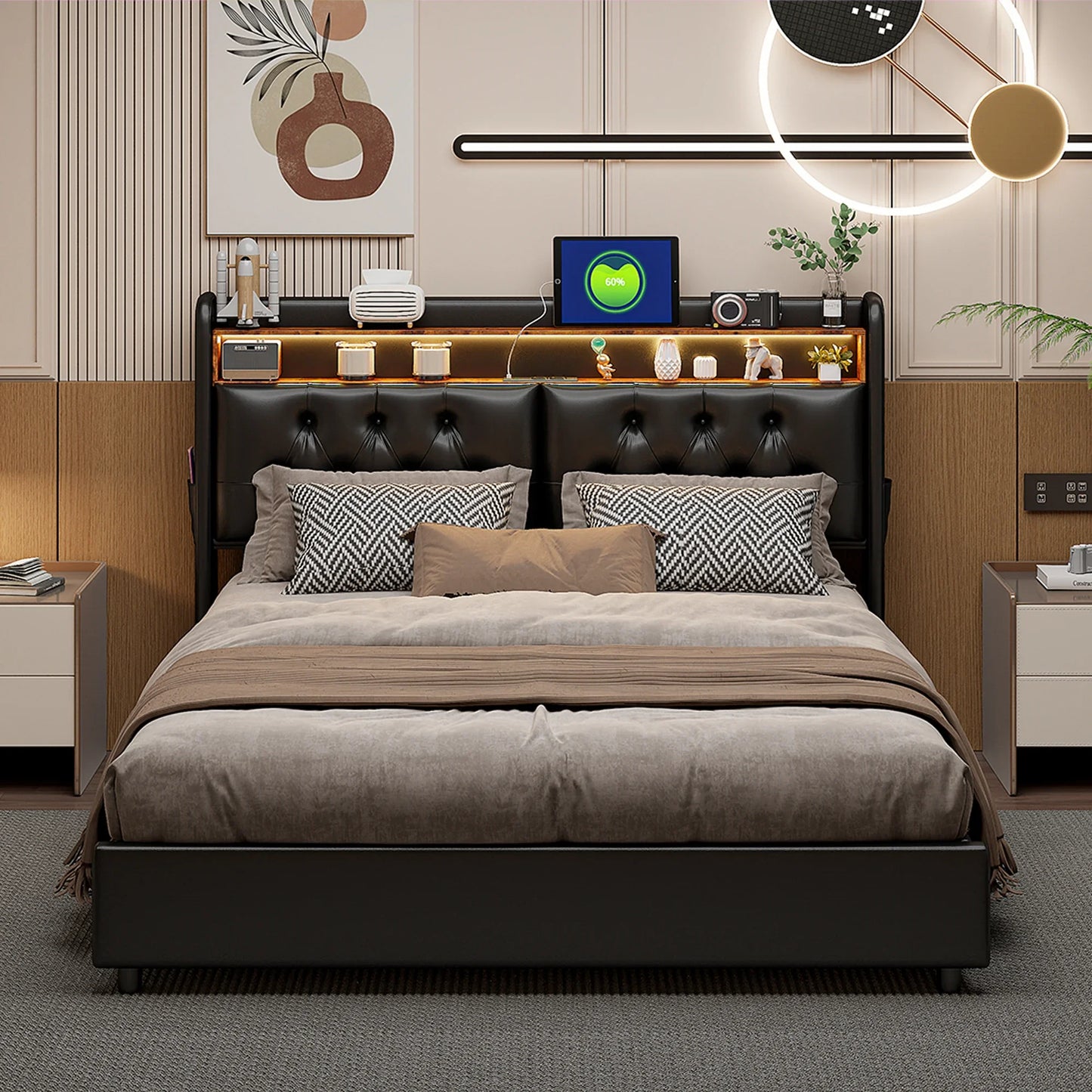 Creahappy Soft-Padded Bed - Double Bed Frame 160x200cm - With USB Charging Function and Pneumatic Lever Storage Function