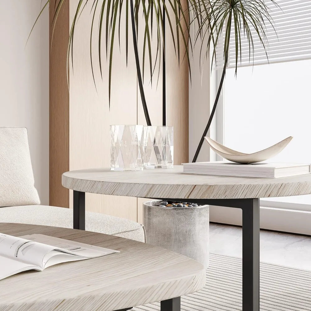 2 Piece Round Coffee Table Set, Side Table Set, Coffee Table, Metal Base and Heart Shape, Modern