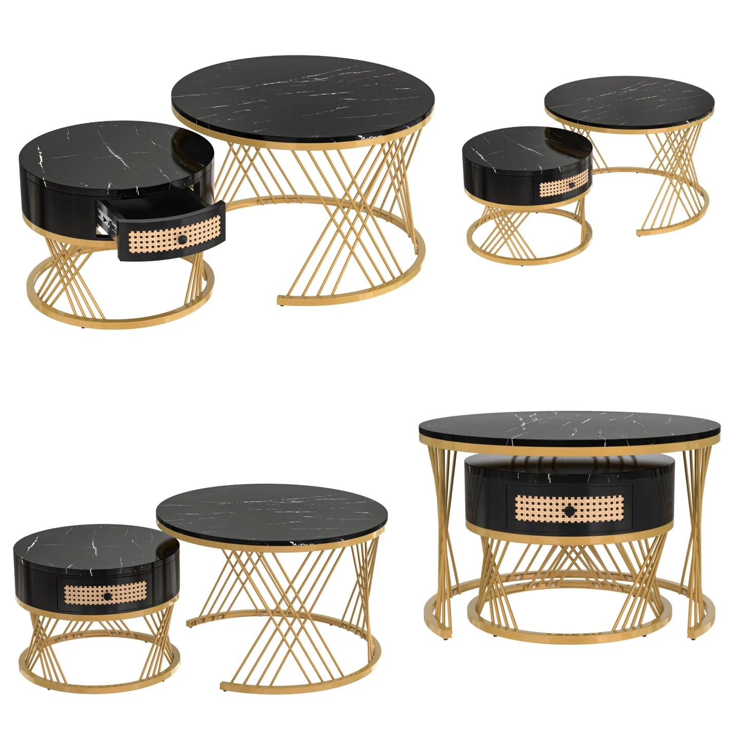 Comanlai 2-in-1 Round MDF Coffee Table,Side Table with Drawers,Wood Handles and Golden Iron Feet 70x70x45.5cm+ 50x50x38.5cm