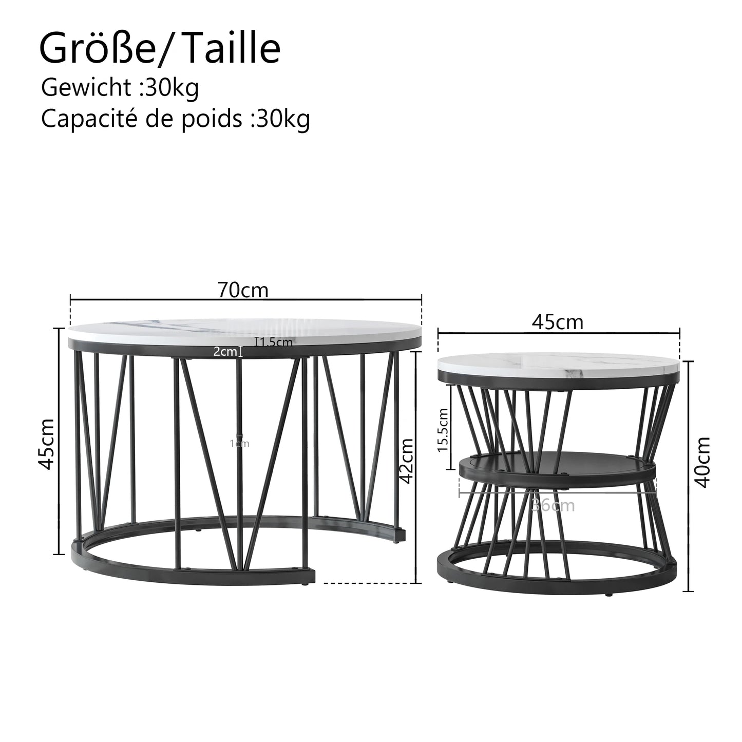 Coffee Table, Round coffee Table Set of 2, Marble Look Coffee Table with Metal Leg Frame, Sofa-side Table, Embedded Coffee Table