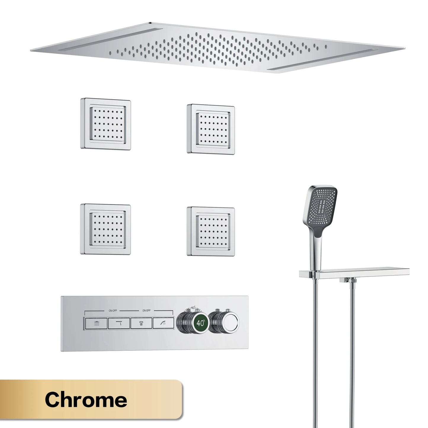 Luxury Gun Grey Brass Thermostatic Shower System Ceiling-Embedded Rainfall&Waterfall Outlet with LED Display Bathroom Mixer Tap