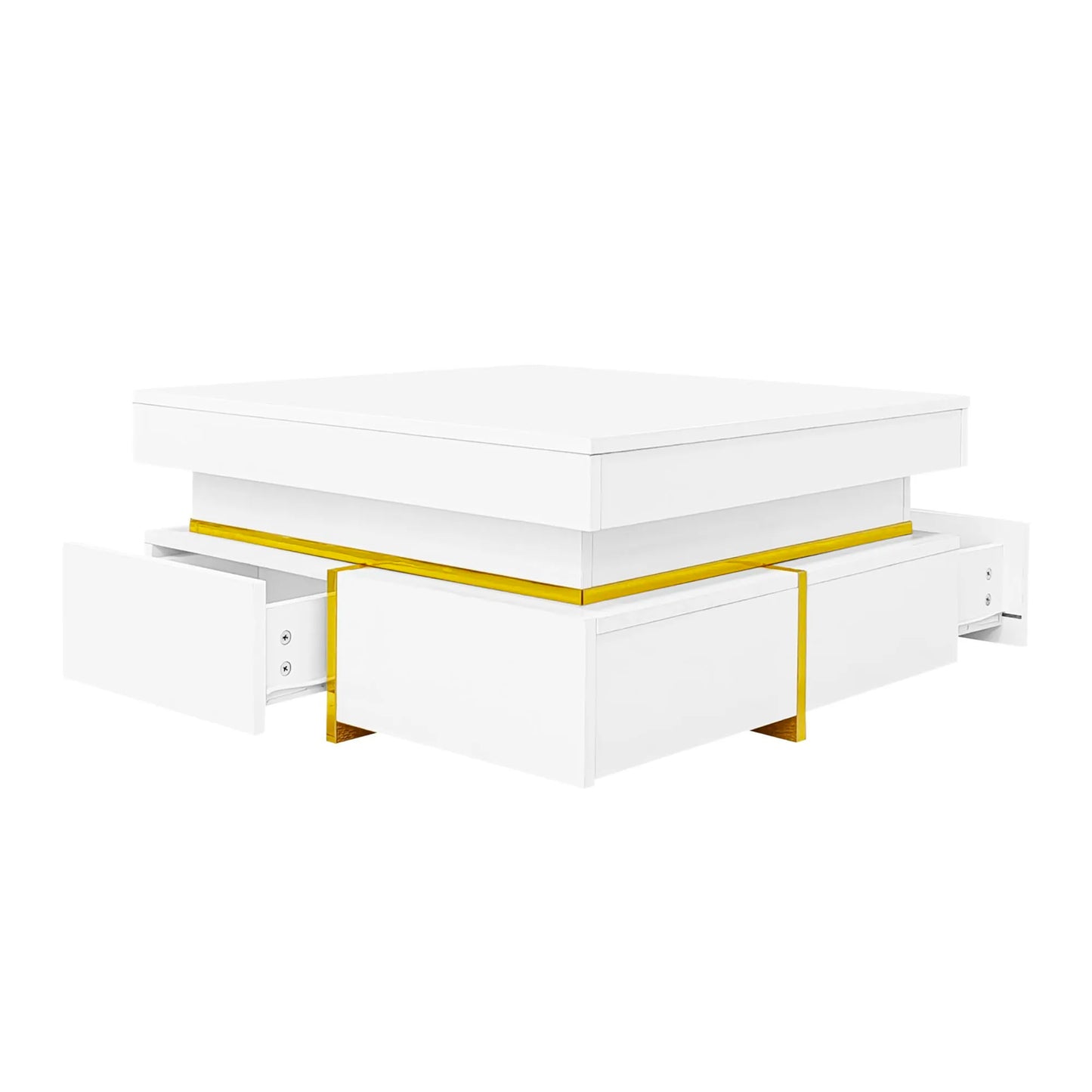 Coffee Table, High-Gloss Living Room Tea Table, Side Table with Drawers and Golden Accents, 70X35.5X70Cm