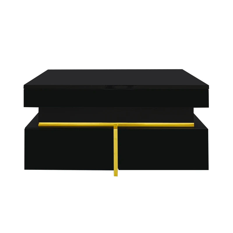 70 L x 35,5 H x 70 B (cm) Coffee table, Black high gloss living room table, side table with drawers and golden accents