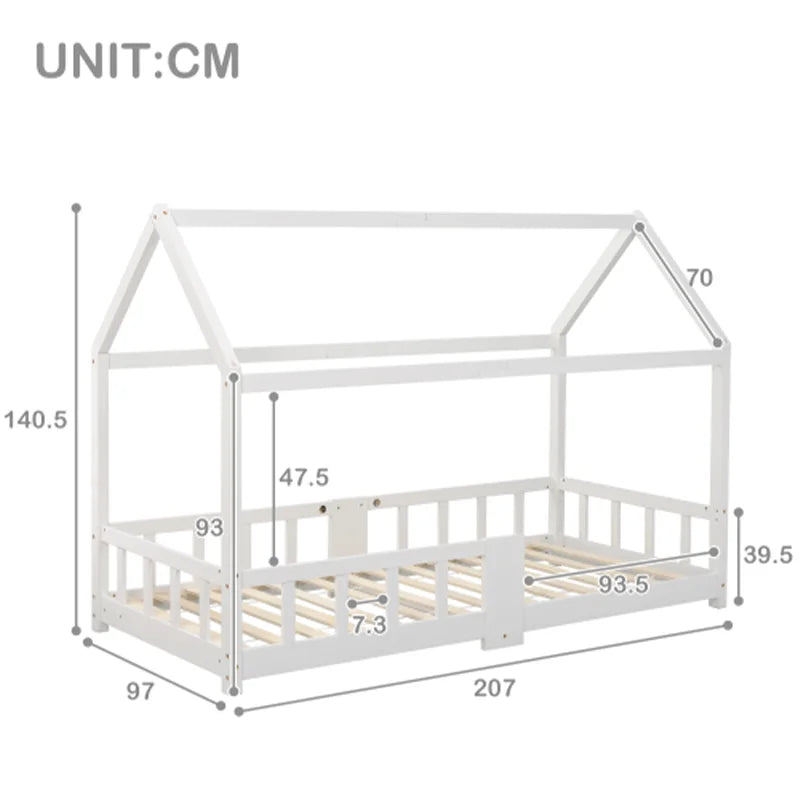 Children bed house bed 90x200 cm Wooden bed for CHILDREN'S room incl. table slatted frames crash protection, Pine White (without Matra