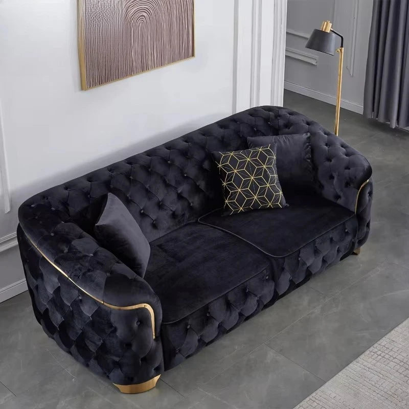 Modern luxury velvet Chesterfield Lounge sofa set with gold base and wooden legs for villa living room