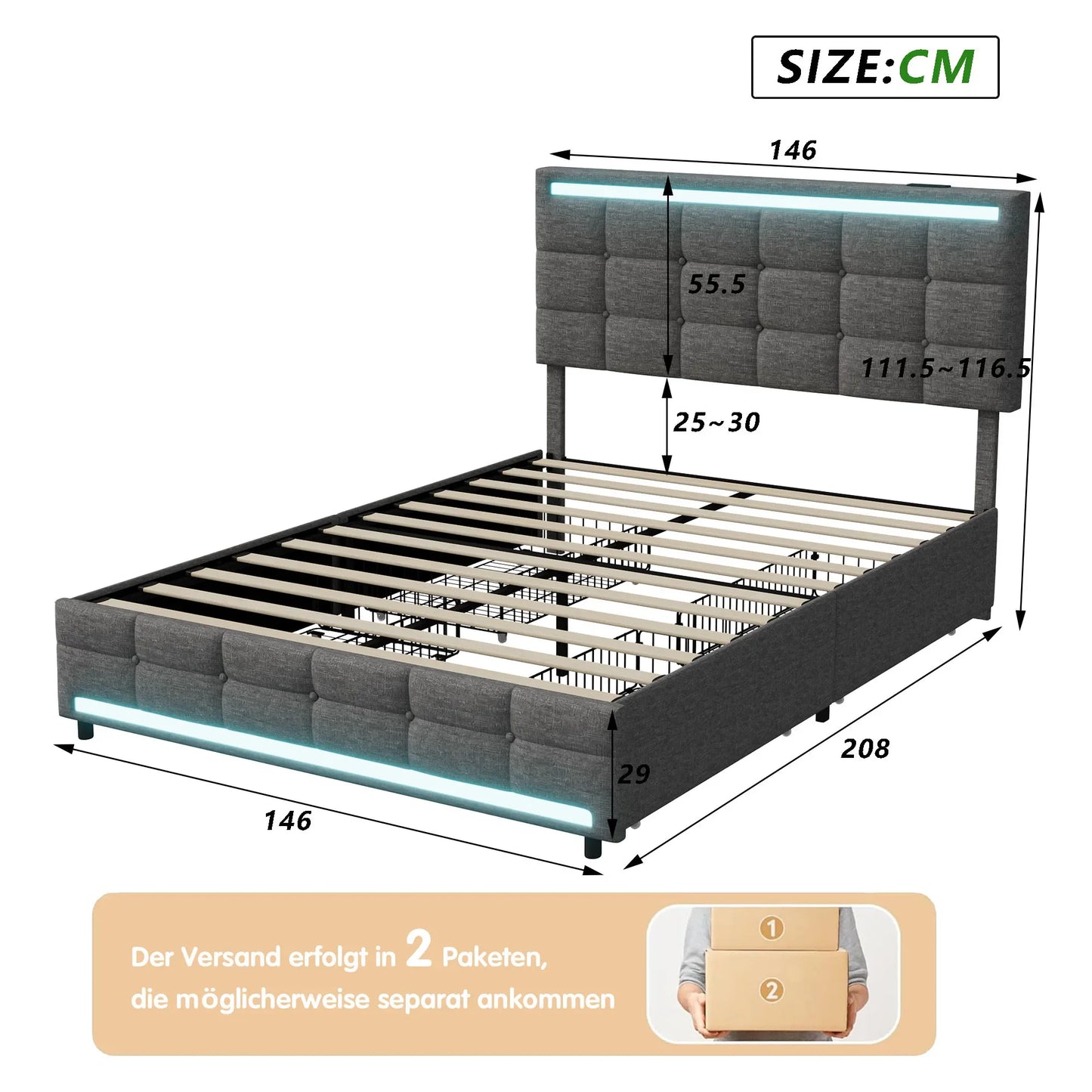Lazyspace Hemp Upholstered Bed 140x200cm, Single Double Bed Frame with RGB Lights Headboard, USB Port and 4 Storage Drawers