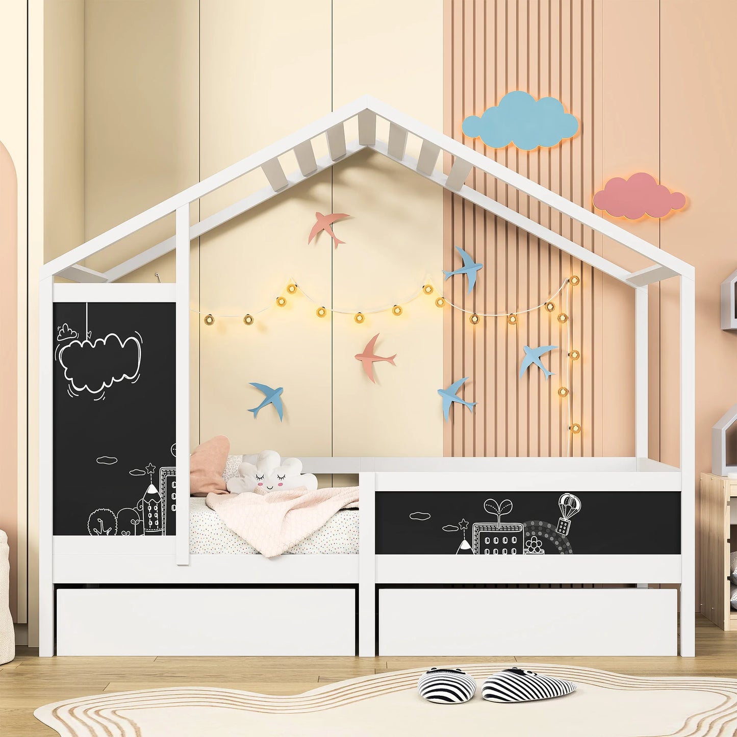 Lazyspace Bunk Bed for Two Children,90 x200cm Children's Bed with Fall-out Protection,Drawers and Blackboard,Without Mattress