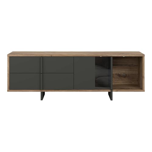 Forte TREBBIA TV Cabinet 150 160 Modern Cabinet with 2 Drawers Lowboard TV Rack Wood Composite Concrete Look Dark Grey/White High Gloss 152.7 cm Wide x 46.7 cm High x 51.7 cm Deep