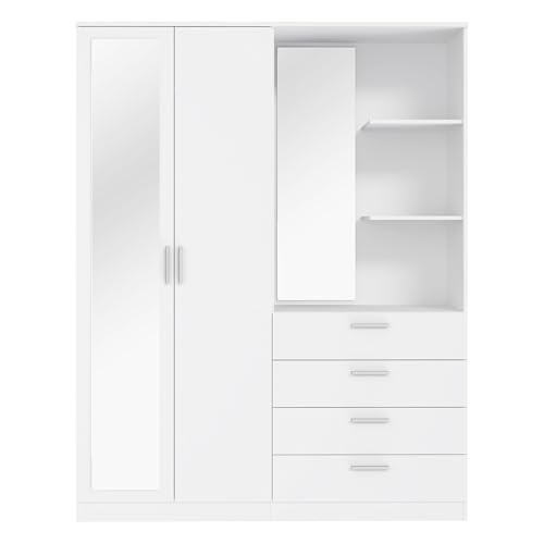 FORTE DEWANIA Kleiderschrank 160, Schrank mit offenen Regalfächern und Spiegel, Holzwerkstoff, Weiß, 159,3 cm breit, 203,4 cm hoch, 52,7 cm tief