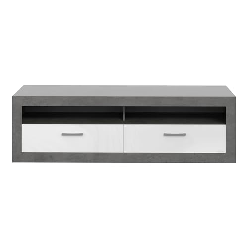 Forte TREBBIA TV Cabinet 150 160 Modern Cabinet with 2 Drawers Lowboard TV Rack Wood Composite Concrete Look Dark Grey/White High Gloss 152.7 cm Wide x 46.7 cm High x 51.7 cm Deep