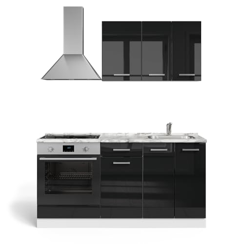 Vicco Single Kitchen R-Line Black High Gloss / White 160 cm with Hob Cabinet without Worktop