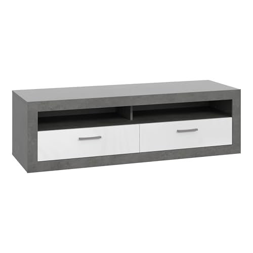 Forte TREBBIA TV Cabinet 150 160 Modern Cabinet with 2 Drawers Lowboard TV Rack Wood Composite Concrete Look Dark Grey/White High Gloss 152.7 cm Wide x 46.7 cm High x 51.7 cm Deep