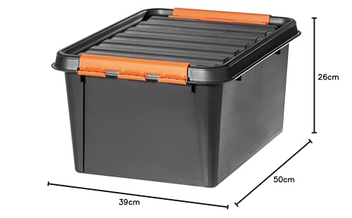 SmartStore Large Storage Boxes with Lids - Set of 4 for Tool Storage - Sturdy 49L Storage Box - Nesting on Top of Each Other - BPA Free - 59 x 39 x 34 cm - Black